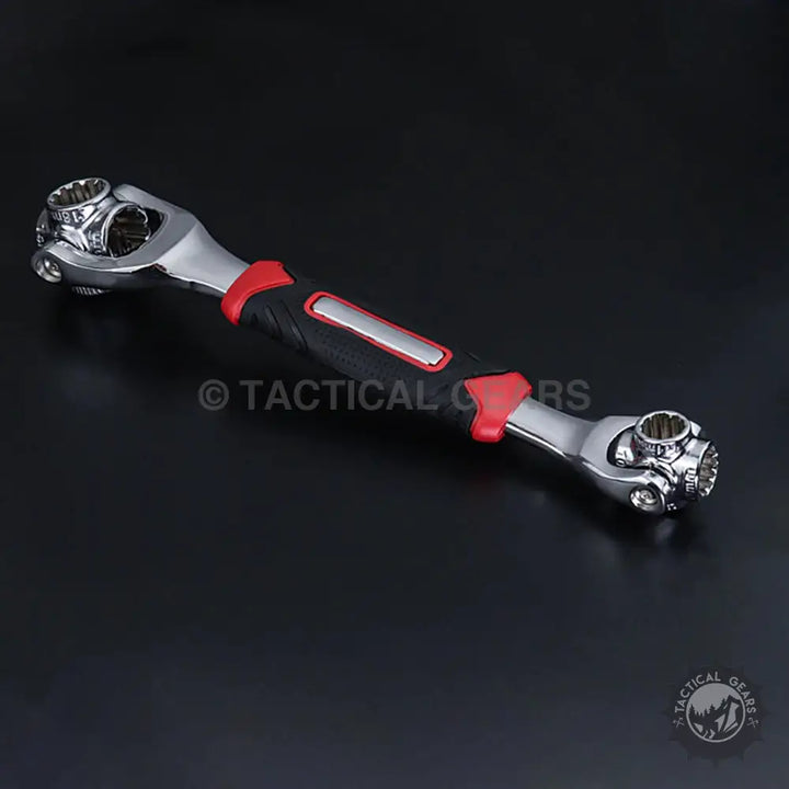 Multi-head swivel socket wrench with ergonomic black and red handle for universal socket use