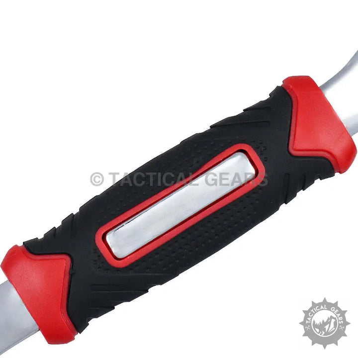 Black and red ergonomic handle with silver insert on 8 in 1 Universal Socket Wrench for multi-size nuts