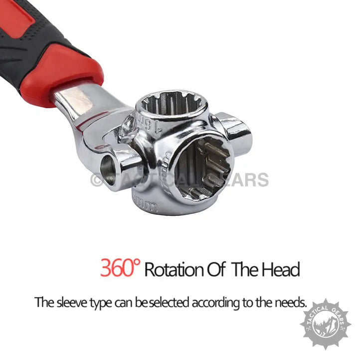 Chrome-plated universal socket wrench with rotating head for multi-size nuts and universal socket functionality