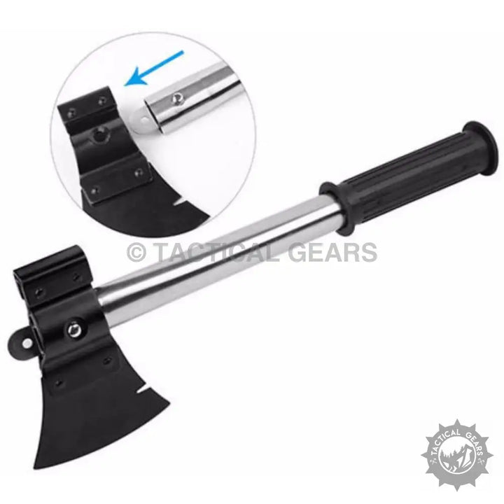 Black and silver multi-tool axe with detachable handle, ideal camping shovel tool