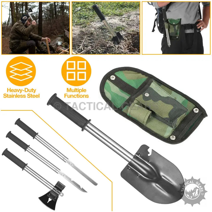 Multi-functional heavy-duty stainless steel camping shovel with interchangeable tools in camouflage case