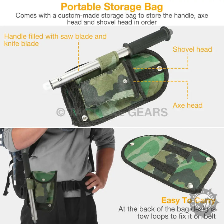 Camouflage portable storage bag for camping shovel with 4cm x 4cm and 7cm x 4cm compartments
