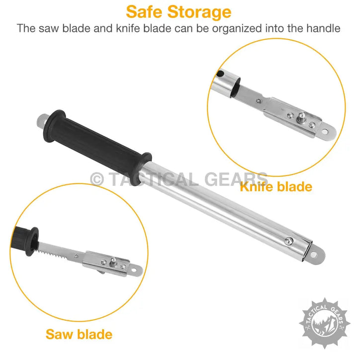 Multi-tool handle with interchangeable saw and knife blades for camping shovel use