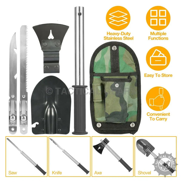 Multi-functional heavy-duty stainless steel outdoor camping shovel with 4cm x 4cm and 7cm x 4cm tools