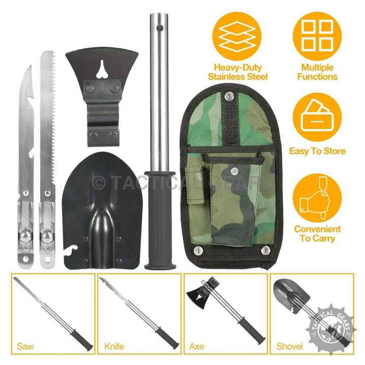 Multi-functional heavy-duty stainless steel outdoor camping shovel with 4cm x 4cm and 7cm x 4cm tools