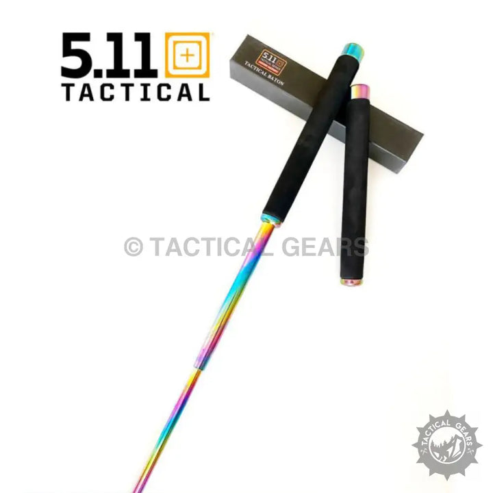 Rainbow-colored telescopic tactical baton with black grip made from durable PVC material for self-defense