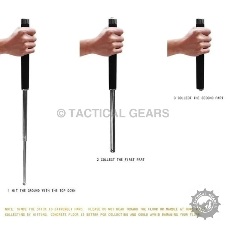 Extendable black and silver PVC material baton with collapsing instructions for 5.11 Self Defense