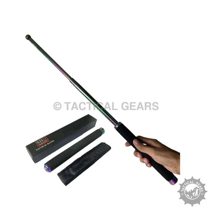 Rainbow-colored telescopic baton with black handle, PVC material, and black case for 5.11 Self Defense