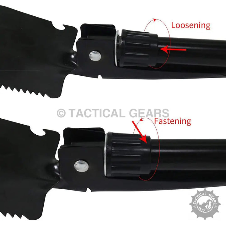 Adjustable folding camping shovel with serrated edge, ideal for portable camping trips
