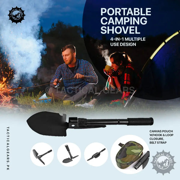 Black portable camping shovel with multiple functions in camouflage pouch for outdoor adventures