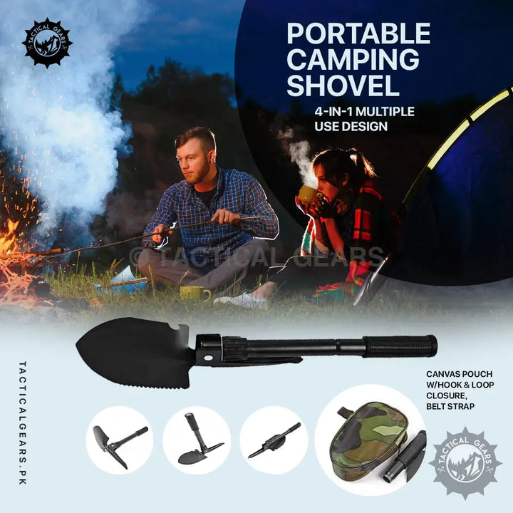 Black portable camping shovel with multiple functions in camouflage pouch for outdoor adventures