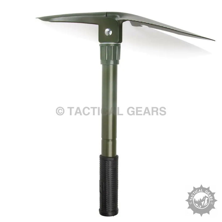Olive green portable camping shovel with folding design and black rubberized grip