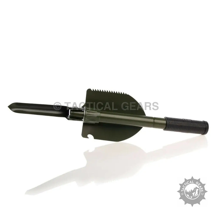 Dark green portable camping shovel with serrated edge bottle opener and pickaxe attachment