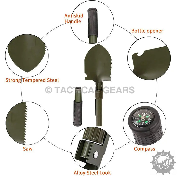 Portable camping shovel with saw, bottle opener, compass, and anti-skid handle