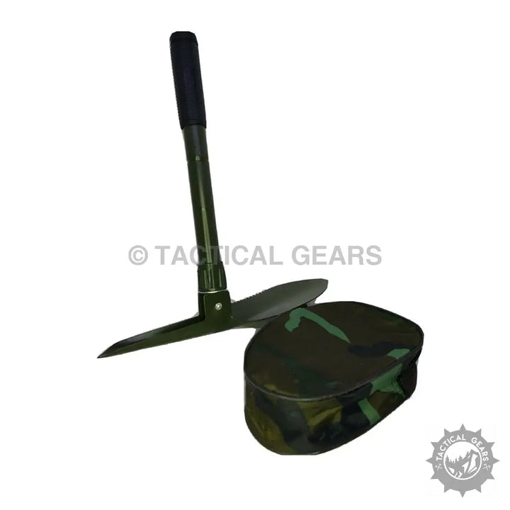 Military-style folding shovel with pick and camouflage case, perfect for portable camping trips