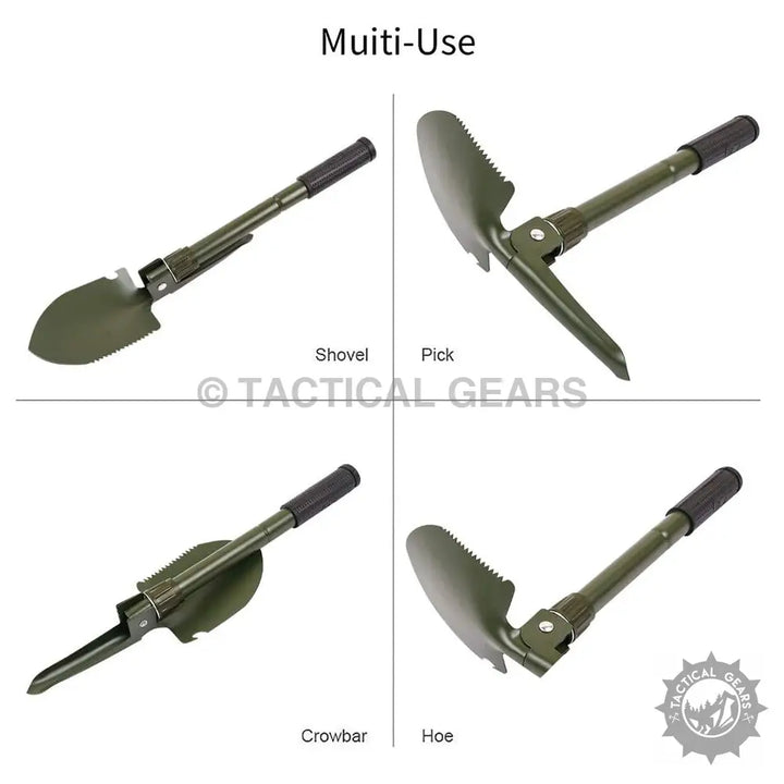 Portable camping shovel with multi-use folding design including shovel, pick, crowbar, and hoe functions