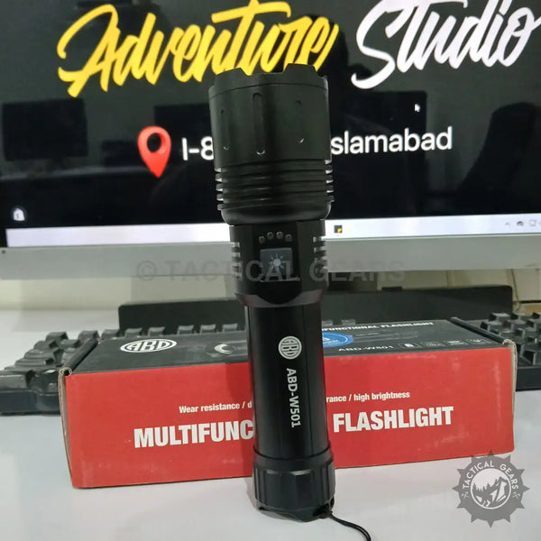 Black durable Multifunctional Flashlight ABD-W501 with LED light source and rechargeable battery