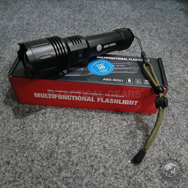 Black tactical Multifunctional Flashlight ABD-W501 with light source, rechargeable battery, aluminum alloy construction