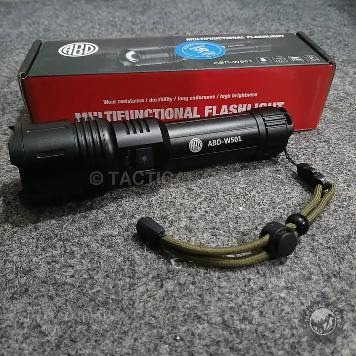 Black Multifunctional Flashlight ABD-W501 with aluminum alloy body and rechargeable battery