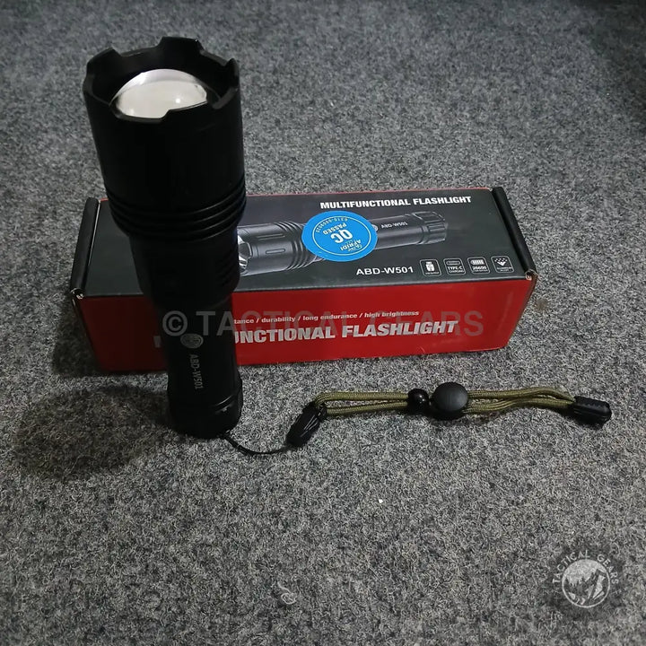 Black Tactical Flashlight ABD-W501 with prominent lens, carrying strap, aluminum alloy body