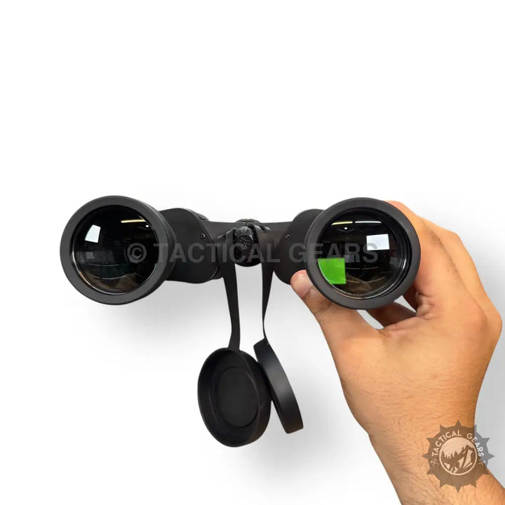 Black 20x50 sports binoculars with lens caps and neck strap for outdoor adventures