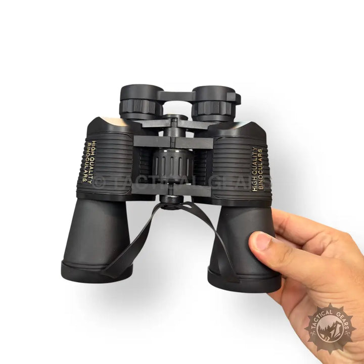 Black rubber-armored 20x50 sports binocular with neck strap for outdoor viewing