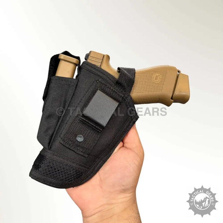Tan semi-automatic pistol in black fabric design Glock holster with magazine pouch