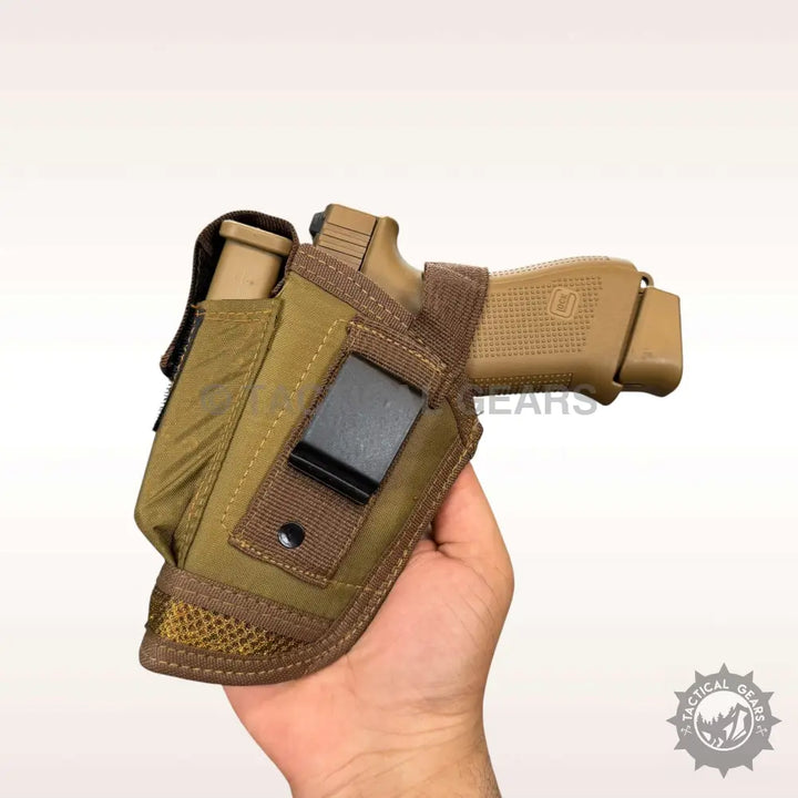 Right-handed tan fabric Glock holster with magazine pouch and belt clip for 9mm pistols