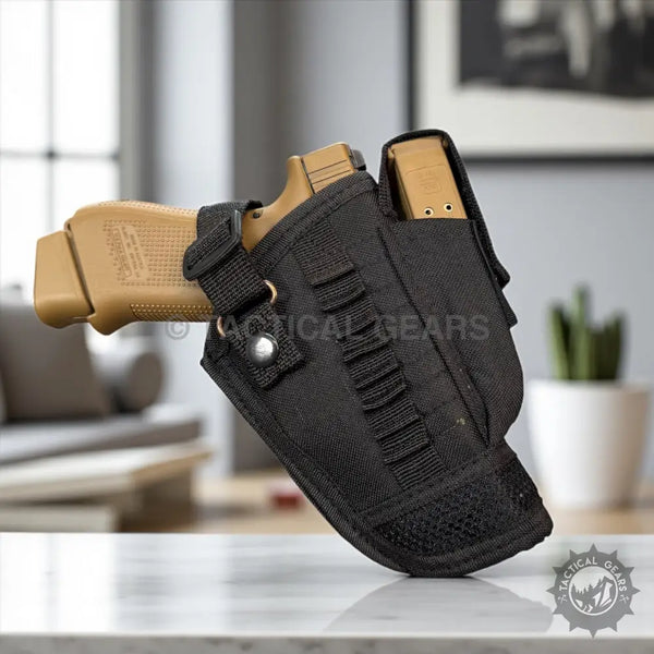 Tan Glock holster with extra magazine pouch in black fabric design Glock holster for 9mm