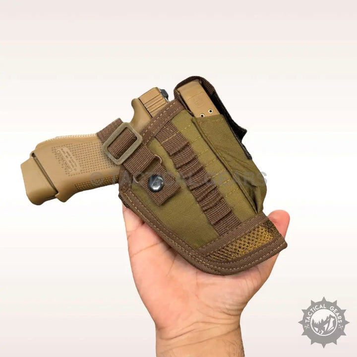 Tan pistol in matching tactical holster with magazine pouch for design Glock holster use