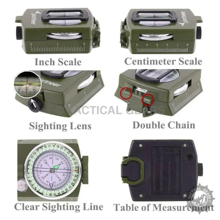 Olive green military lensatic compass with inch and centimeter scales, sighting lens, and chain