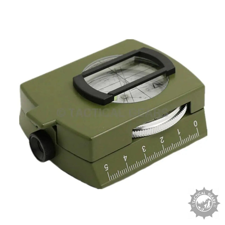 Olive green metal military lensatic compass with rotating bezel and clear viewing window