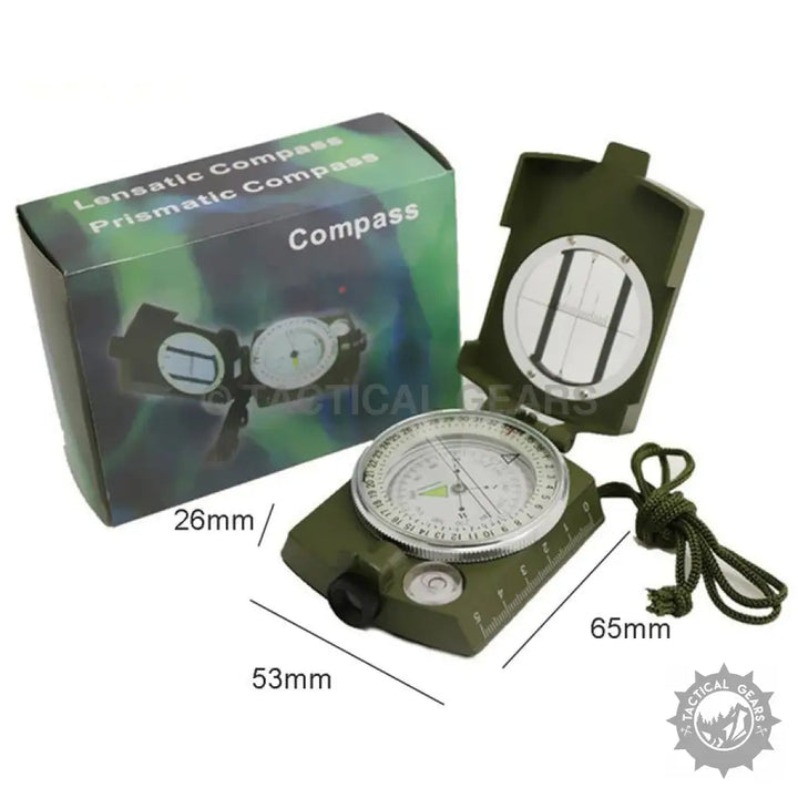 Olive green military lensatic compass with foldable cover and lanyard for navigation