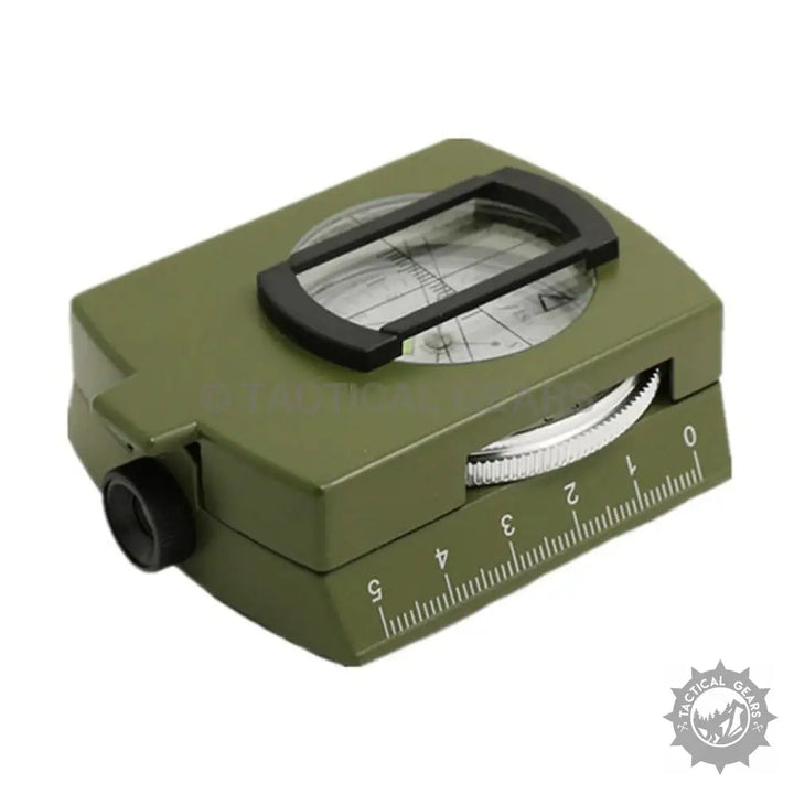 Olive green military lensatic compass with rotating bezel and sighting wire for navigation