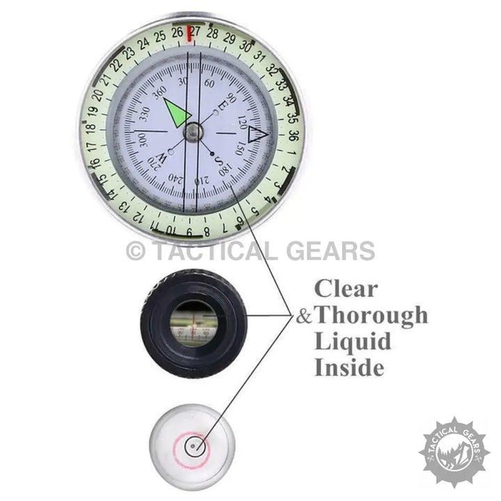 Liquid-filled military lensatic compass with sighting mechanism and bubble level for navigation