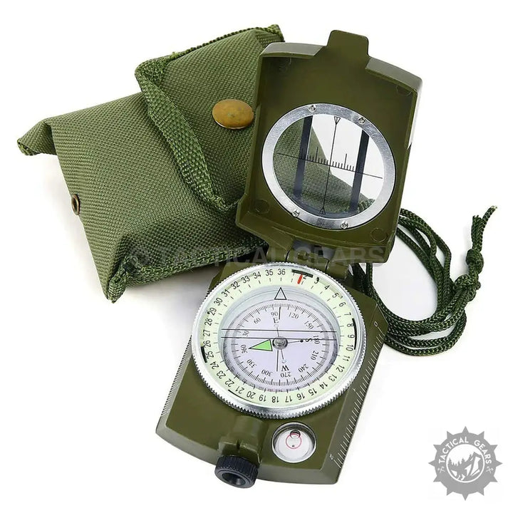 Olive green military lensatic compass with matching pouch and lanyard for navigation