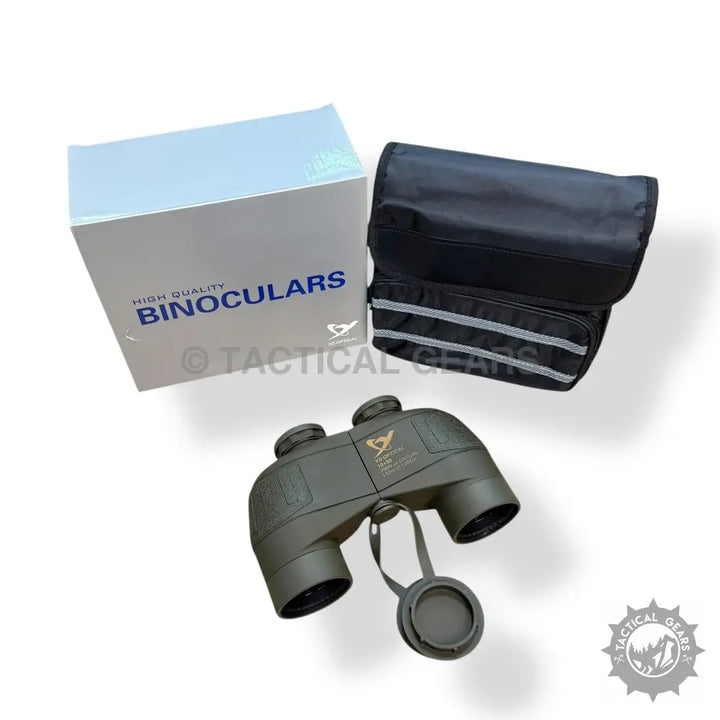Olive green optical 10x50 military binoculars with black carrying case and white box