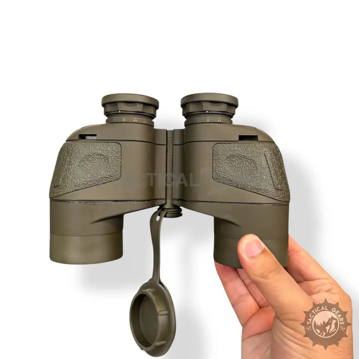 Olive green optical 10x50 military binoculars with attached objective lens covers