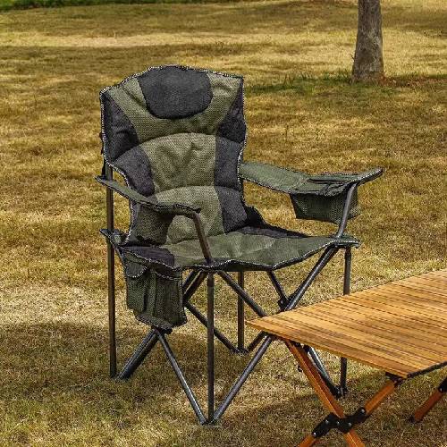 Olive green folding chair with cup holder, armrests, and side storage pockets