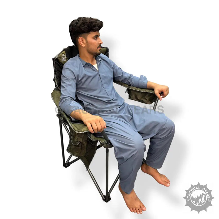Olive Green Portable Folding Chair with Cup Holder and Armrests for Camping