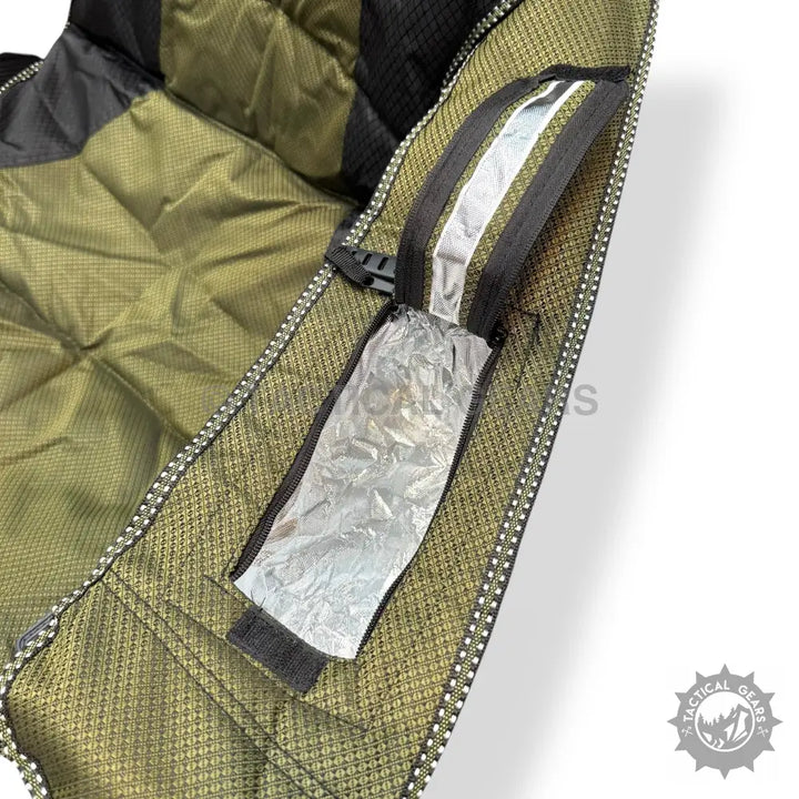 Olive green portable folding chair with cup holder and insulated side pocket