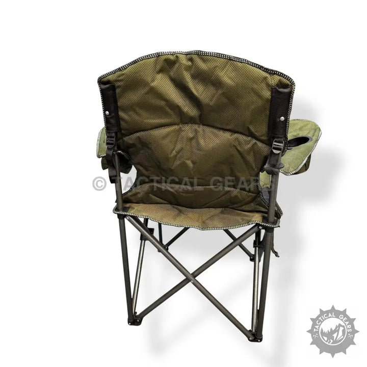 Olive green portable folding chair with cup holder for camping and outdoor use
