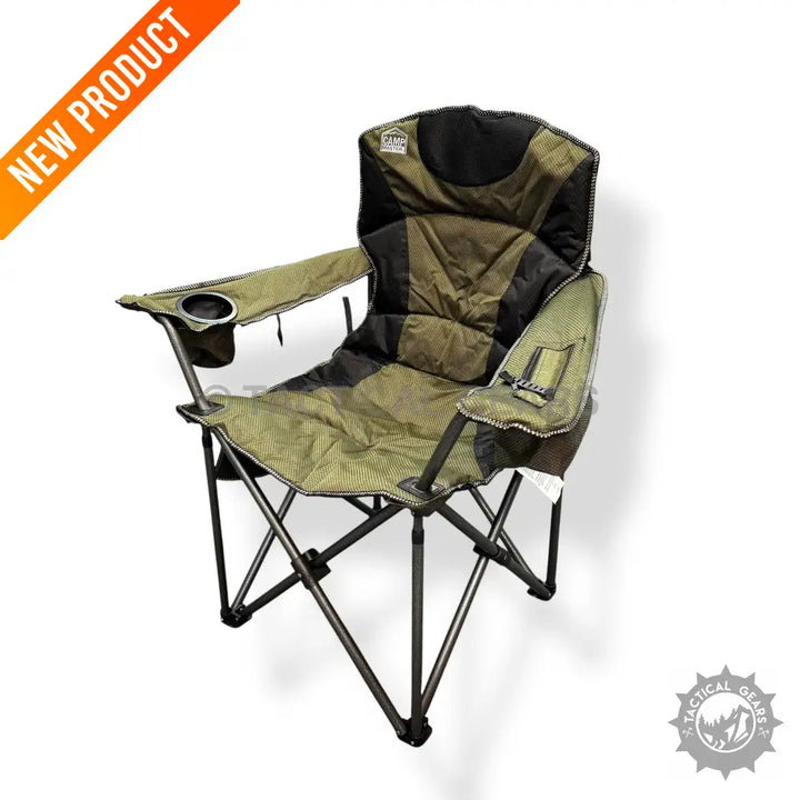 Olive Green Portable Folding Chair with Cup Holder and Side Pocket for Camping