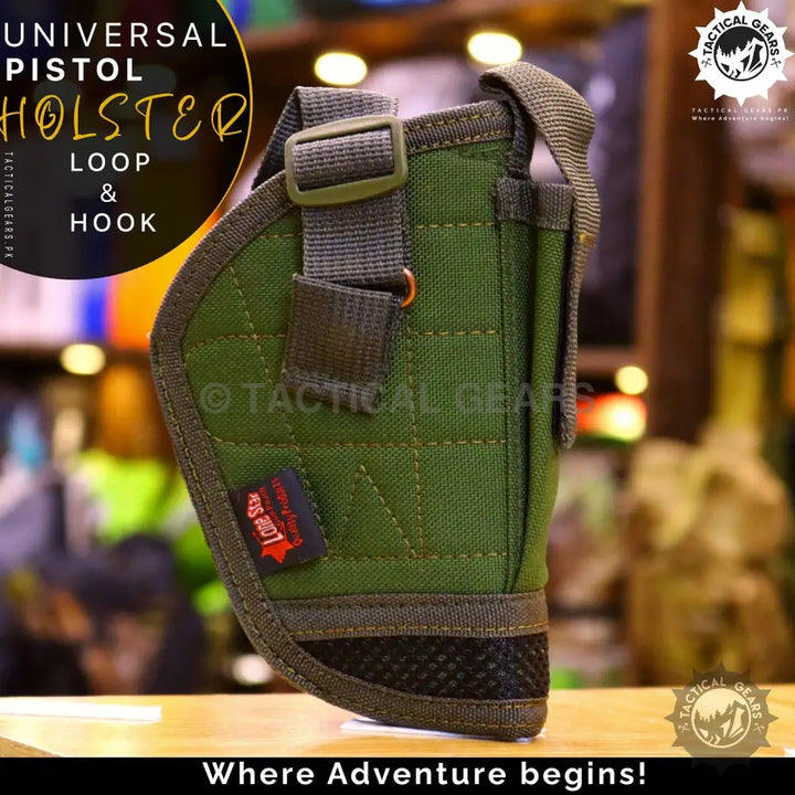 Olive green universal holster with adjustable strap and hook loop closure for pistols