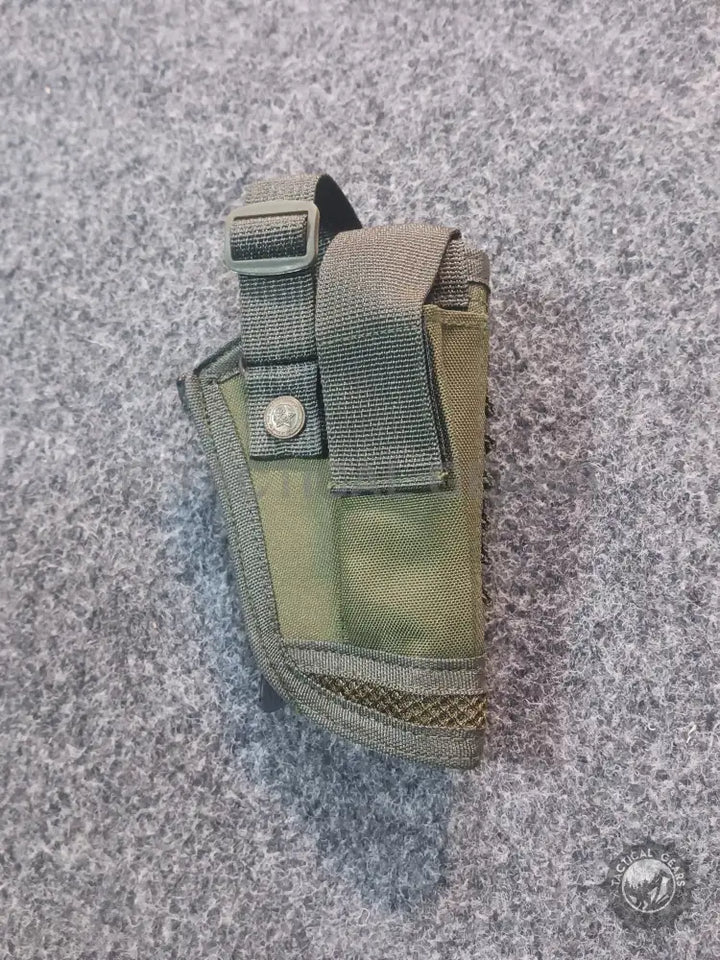 Olive green tactical holster with snap closure and adjustable strap for universal holster use