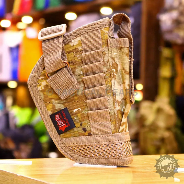 Camo-patterned tactical holster with MOLLE webbing for universal holster attachment