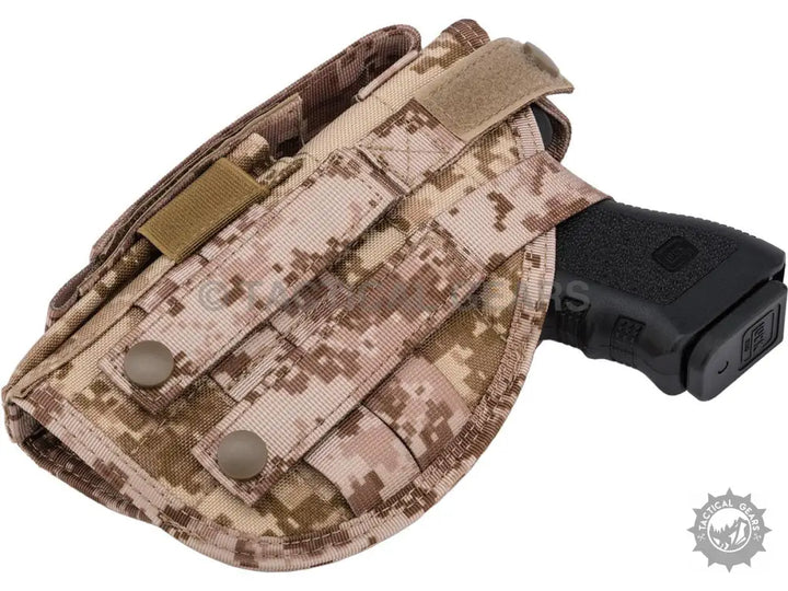 Desert digital camouflage universal holster with black handgun for secure firearm carry