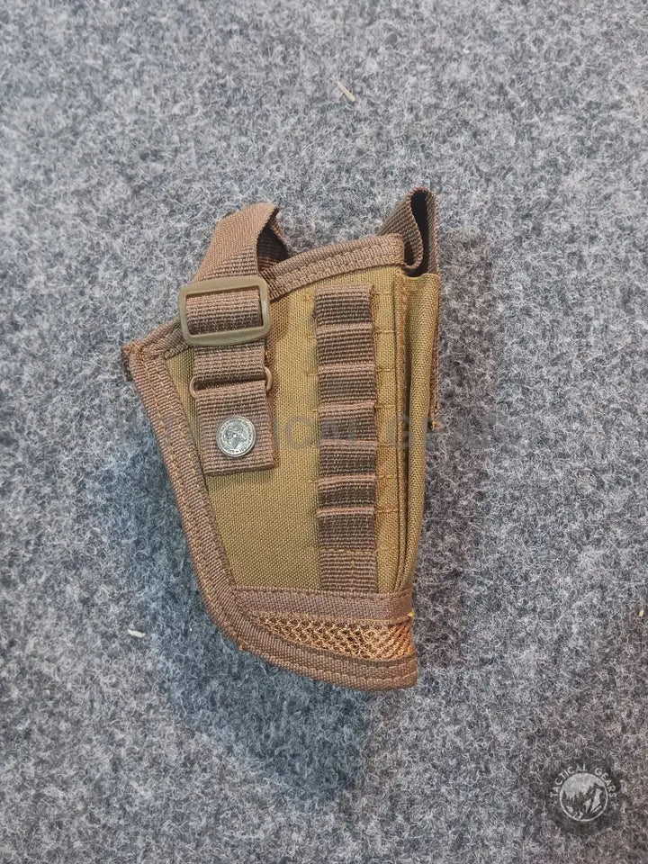 Brown tactical pistol holster with adjustable strap and elastic loops for universal holster use
