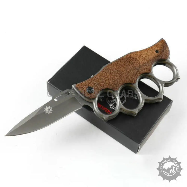 X71 Quick Open Knuckle Duster Knife with black blade and wooden handle