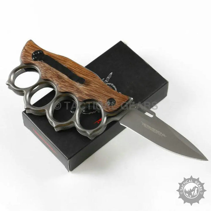 X71 Quick Open Knuckle Duster Knife with brown silver wooden handle black tactical blade